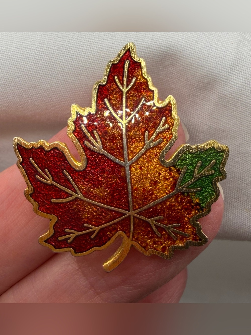 Vintage Goldtone Maple Leaf Brooch Pin Red Yellow Green Enamel Fall Foliage